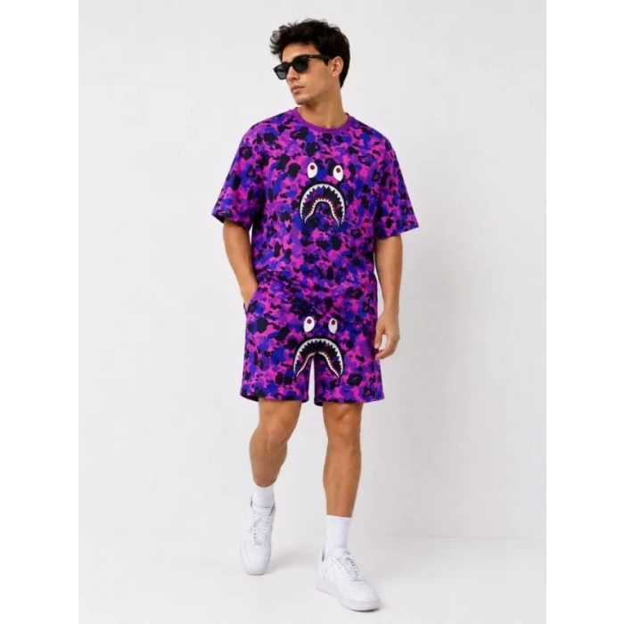 Erkek Oversize Kalıp Pubg Bape X Shark Nakışlı Cepli Şort Takım - Mor
