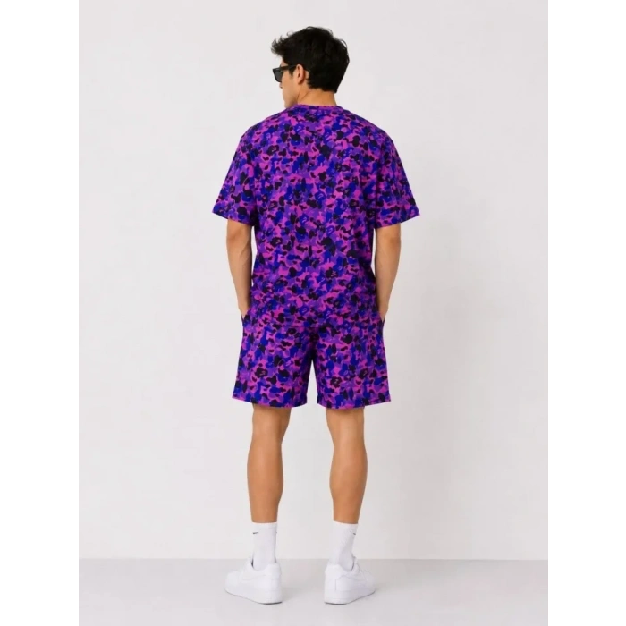 Erkek Oversize Kalıp Pubg Bape X Shark Nakışlı Cepli Şort Takım - Mor