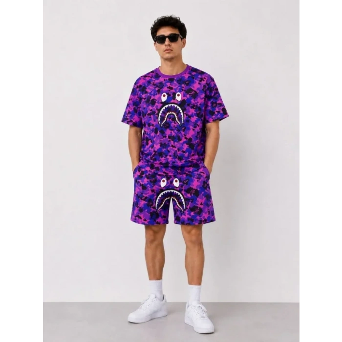 Erkek Oversize Kalıp Pubg Bape X Shark Nakışlı Cepli Şort Takım - Mor
