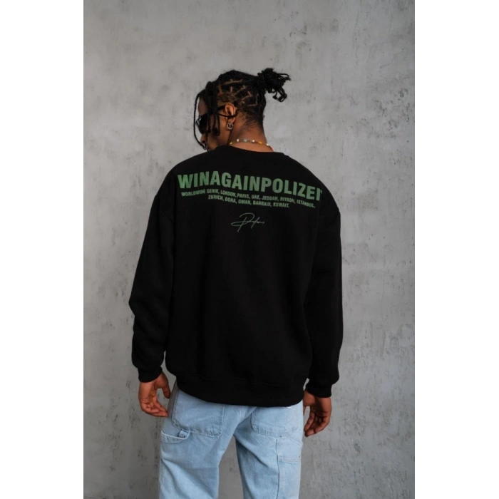 Erkek Oversize Sweatshirt – Siyah Renk  Ön Ve Sırt Baskılı, Üç İplik İçi Pamuklu Kumaş, Rahat Kalıp, Ribanalı Kışlık Sweat  Winagain Polizei Serisi - Siyah