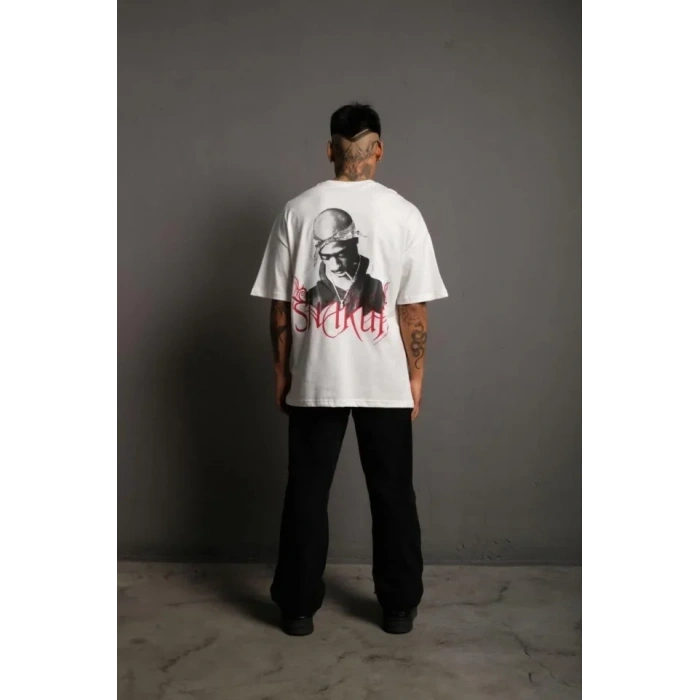 Erkek Oversize Tişört – Beyaz 24/1 Penye Kumaş, Bisiklet Yaka, Ön - Arka Baskılı, Streetwear Tarzı Rahat Büyük Kalıp T-Shirt- Beyaz
