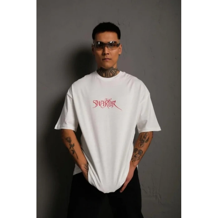 Erkek Oversize Tişört – Beyaz 24/1 Penye Kumaş, Bisiklet Yaka, Ön - Arka Baskılı, Streetwear Tarzı Rahat Büyük Kalıp T-Shirt- Beyaz