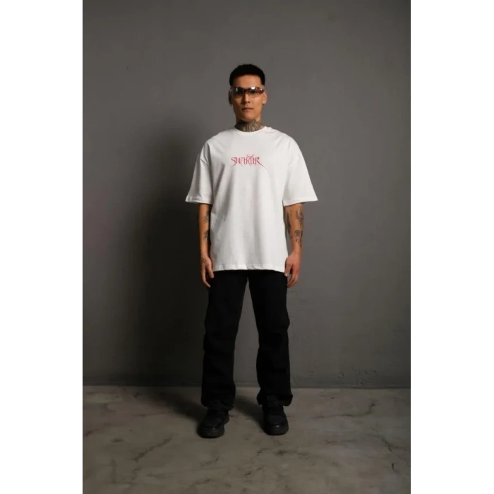 Erkek Oversize Tişört – Beyaz 24/1 Penye Kumaş, Bisiklet Yaka, Ön - Arka Baskılı, Streetwear Tarzı Rahat Büyük Kalıp T-Shirt- Beyaz