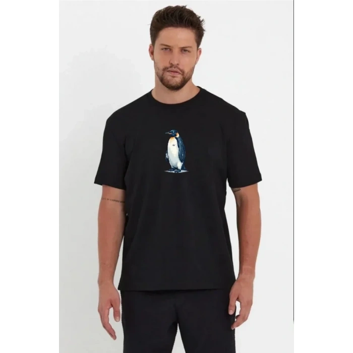 Erkek Oversize Tişört - Sırt Baskılı Survivor Penguin Temalı, Felsefi Yazılı Bisiklet Yaka Tişört - Siyah