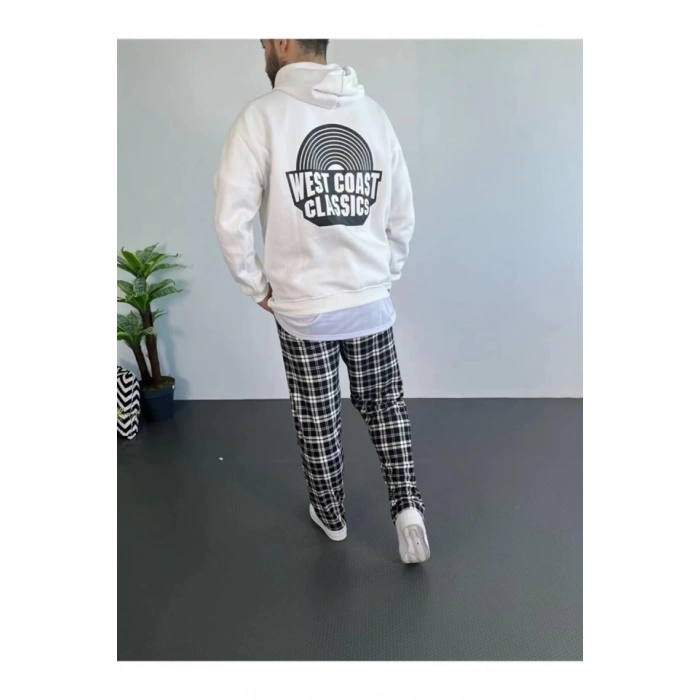 Erkek Oversize Üç İplik Kapüşonlu Sweatshirt – Beyaz Ön Baskılı, Kanguru Cepli, Rahat Kalıp, İçi Pamuklu Model