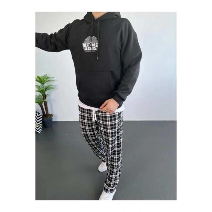 Erkek Oversize Üç İplik Kapüşonlu Sweatshirt – Siyah Sırt Ve Ön Baskılı, Kanguru Cepli, Rahat Kalıp, İçi Pamuklu ModeL-Siyah