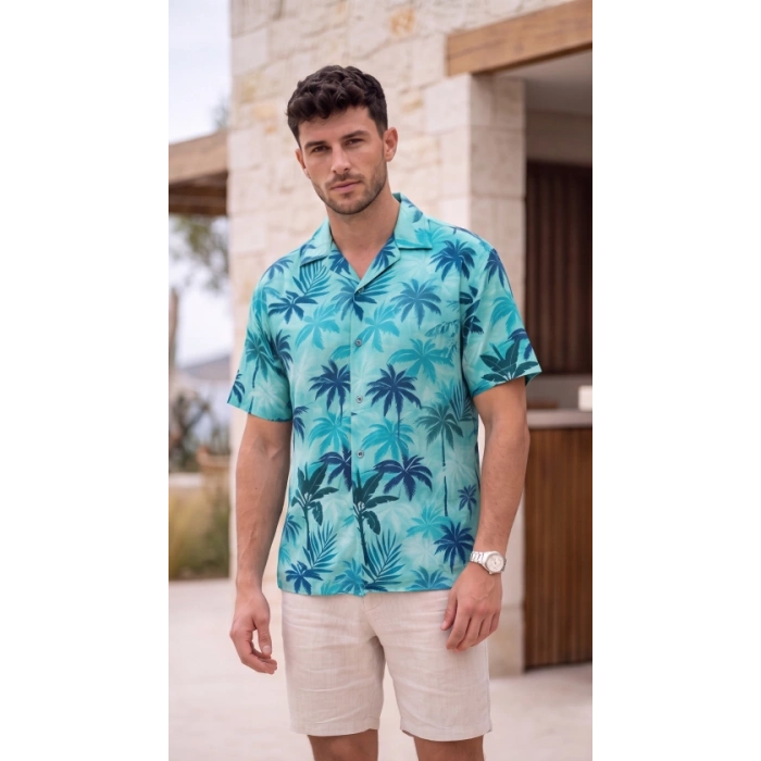 Erkek Palmiye Desenli Yarım Oversize Kısa Kollu Hawai Gömlek