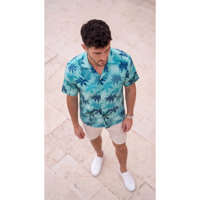 Erkek Palmiye Desenli Yarım Oversize Kısa Kollu Hawai Gömlek