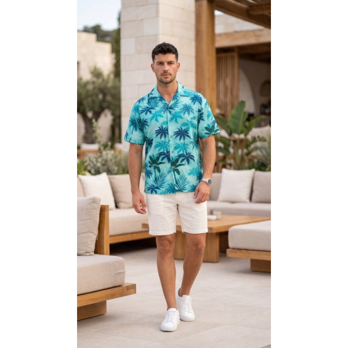 Erkek Palmiye Desenli Yarım Oversize Kısa Kollu Hawai Gömlek