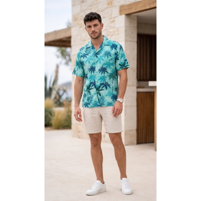 Erkek Palmiye Desenli Yarım Oversize Kısa Kollu Hawai Gömlek