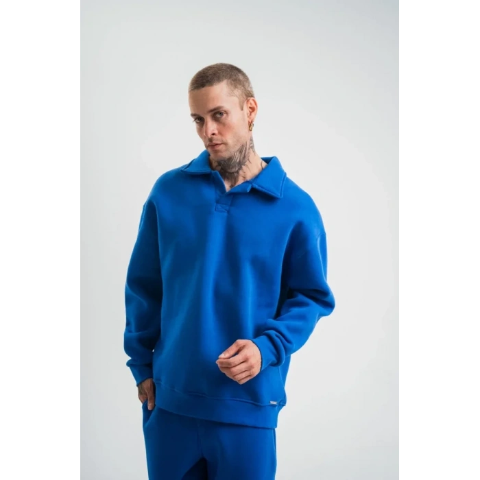Erkek Patlı Yaka Üç İplik Pamuklu Sweatshirt Double Oversize Rahat Kalıp Günlük Kullanım - Mavi