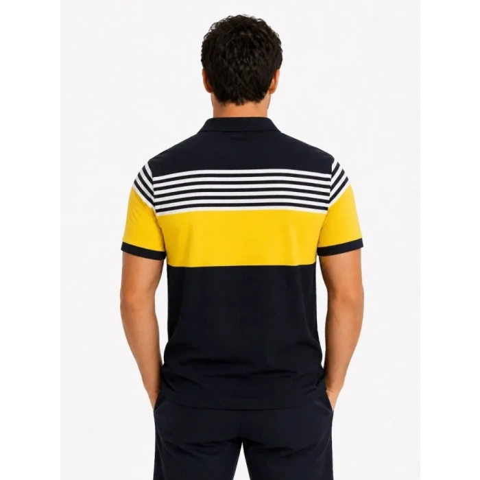 Erkek Pike Kumaş Çizgili Polo Yaka Tişört Kısa Kol Yazlık T-Shirt - Lacivert