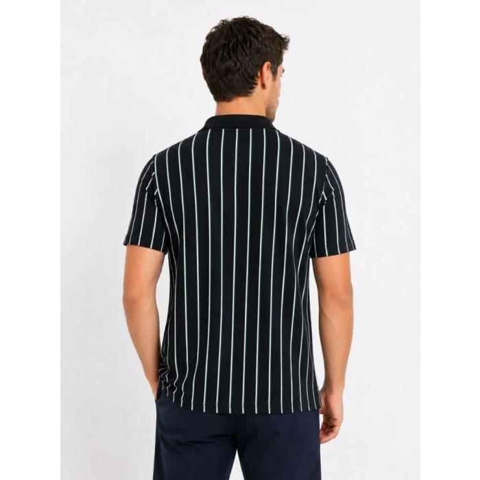 Erkek Pike Kumaş Çizgili Polo Yaka Tişört Kısa Kol Yazlık T-Shirt - Siyah
