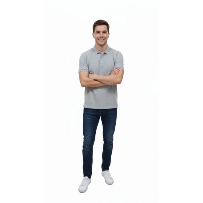 Erkek Pike Kumaş Düğmeli Yaka Regular Fit Günlük Kısa Kol Tişört T-shirt - Gri