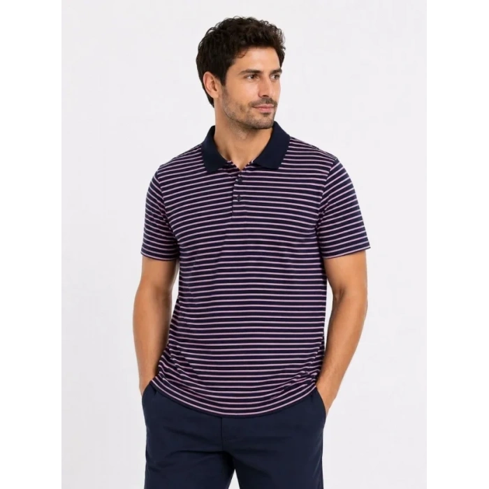 Erkek Pike Kumaş Gül Kurusu Çizgili Polo Yaka Tişört Kısa Kol T-Shirt - Siyah