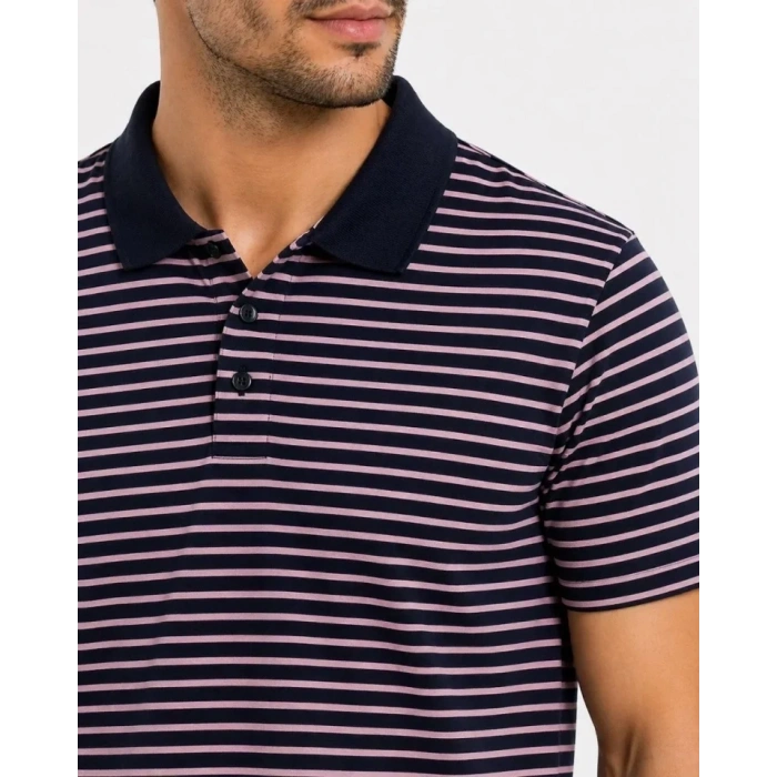 Erkek Pike Kumaş Gül Kurusu Çizgili Polo Yaka Tişört Kısa Kol T-Shirt - Siyah