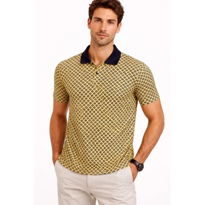 Erkek Pike Kumaş Polo Yaka Desenli Tişört Kısa Kol Yazlık T-Shirt - Sarı
