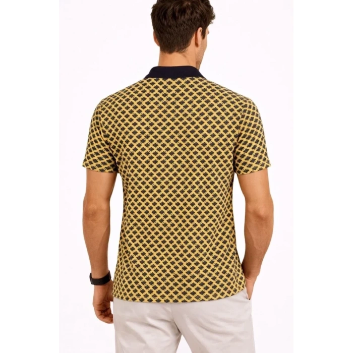 Erkek Pike Kumaş Polo Yaka Desenli Tişört Kısa Kol Yazlık T-Shirt - Sarı