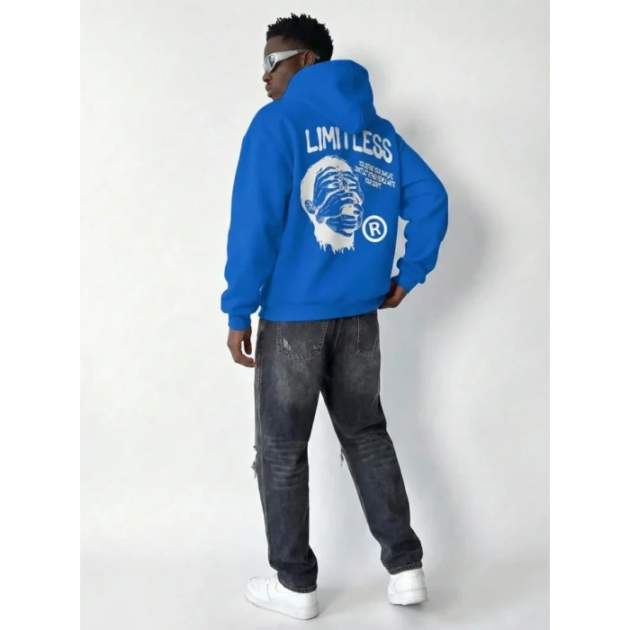 Erkek Premium Baskılı Kapşonlu Sweatshirt Üç İplik İçi Pamuklu Kanguru Cepli - Saks Mavisi