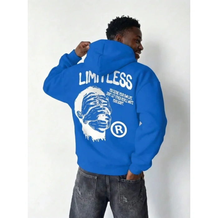 Erkek Premium Baskılı Kapşonlu Sweatshirt Üç İplik İçi Pamuklu Kanguru Cepli - Saks Mavisi