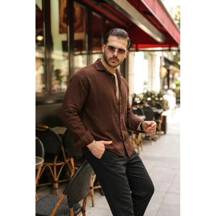 Erkek Rahat Kalıp Pamuklu Müslin Kumaş Gömlek