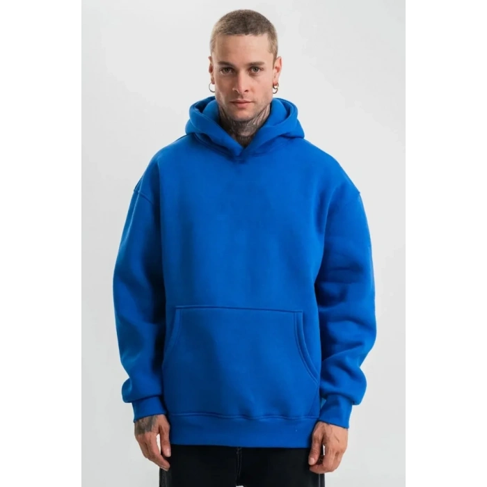 Erkek Saks Mavi Double Oversize 3 İplik Pamuklu Kapüşonlu Kanguru Cepli Sweatshirt Hoodie - Saks Mavi