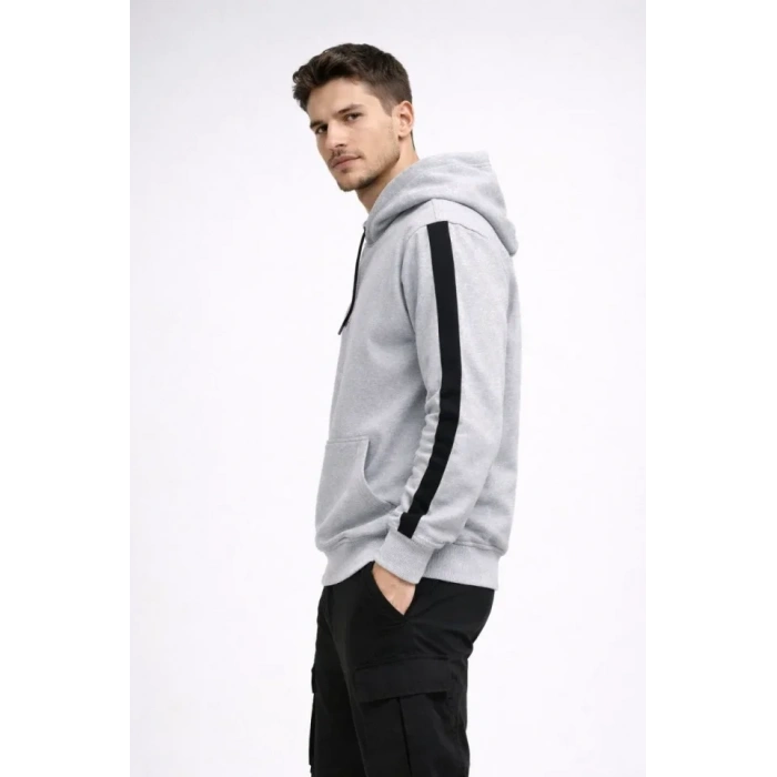 Erkek Şeritli Kapüşonlu Sweatshirt Oversize 3 Iplik Pamuklu - Beyaz