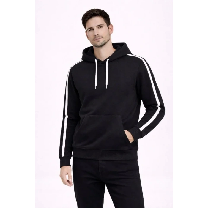 Erkek Şeritli Kapüşonlu Sweatshirt Oversize 3 Iplik Pamuklu - Siyah
