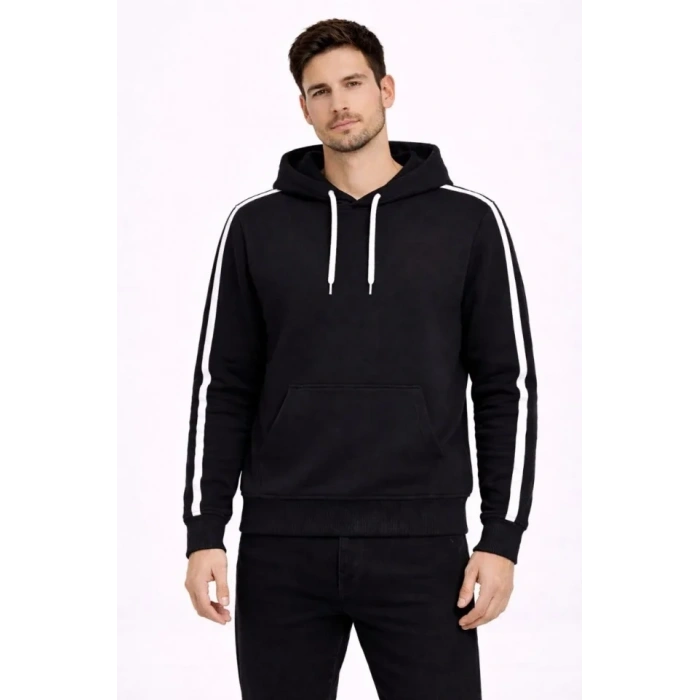 Erkek Şeritli Kapüşonlu Sweatshirt Oversize 3 Iplik Pamuklu - Siyah