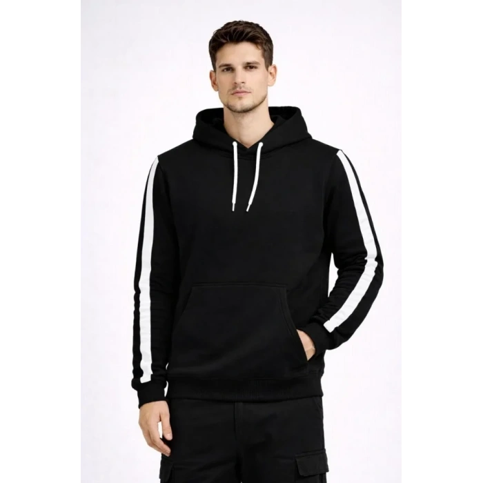 Erkek Şeritli Kapüşonlu Sweatshirt Oversize 3 Iplik Pamuklu - Siyah