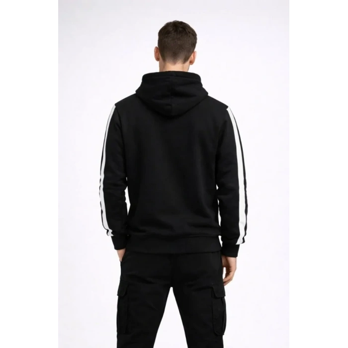 Erkek Şeritli Kapüşonlu Sweatshirt Oversize 3 Iplik Pamuklu - Siyah