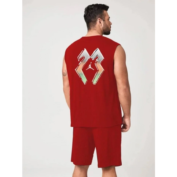 Erkek Sırt Baskılı Sıfır Kol İkili Şort Takım - Kırmızı