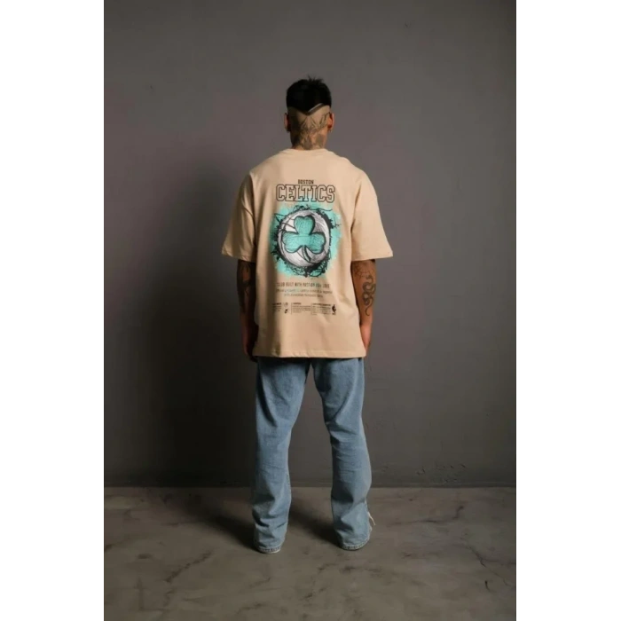 Erkek Sırt Baskılı T-shirt - Bej