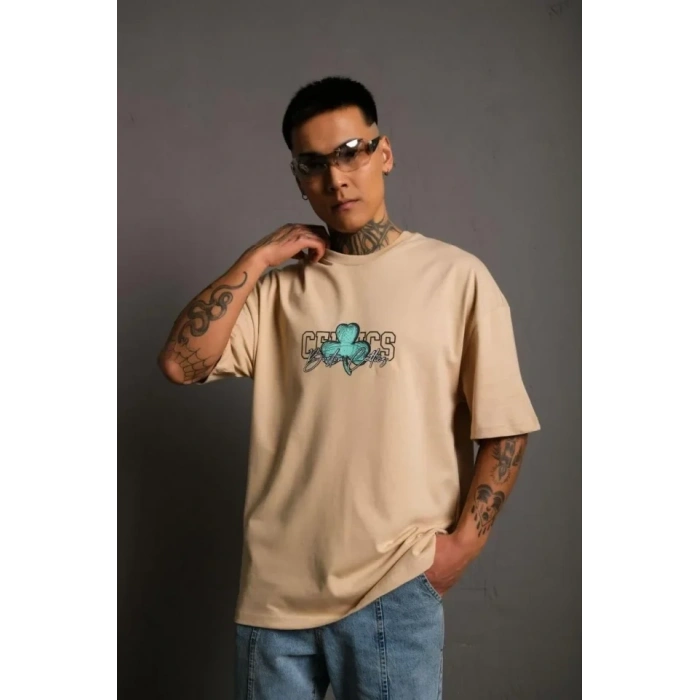 Erkek Sırt Baskılı T-shirt - Bej