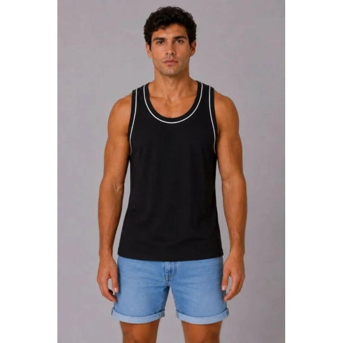 Erkek Sporcu Atlet Bisiklet Yaka Kolsuz Yazlık Atlet - Siyah