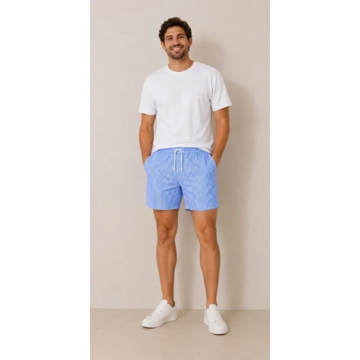 ERKEK Su Yolu Çizgili Şort Ön Arka Cepli Lastikli Bel Regular Fit Yazlık Şort - Mavi