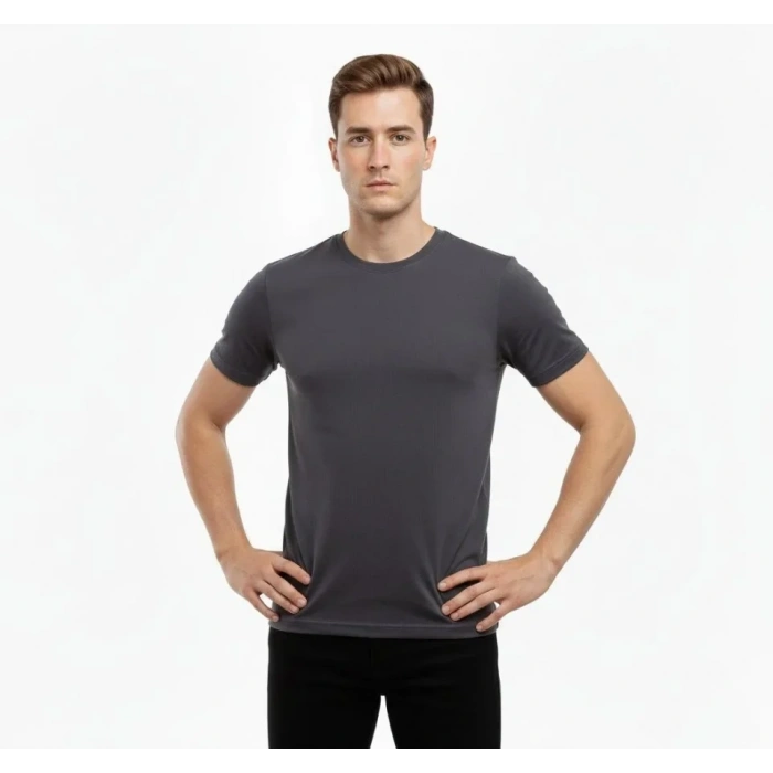 Erkek T-Shirt Bisiklet Yaka Slim Fit Dar Kesim Likralı Tişört Günlük Basic Body - Füme