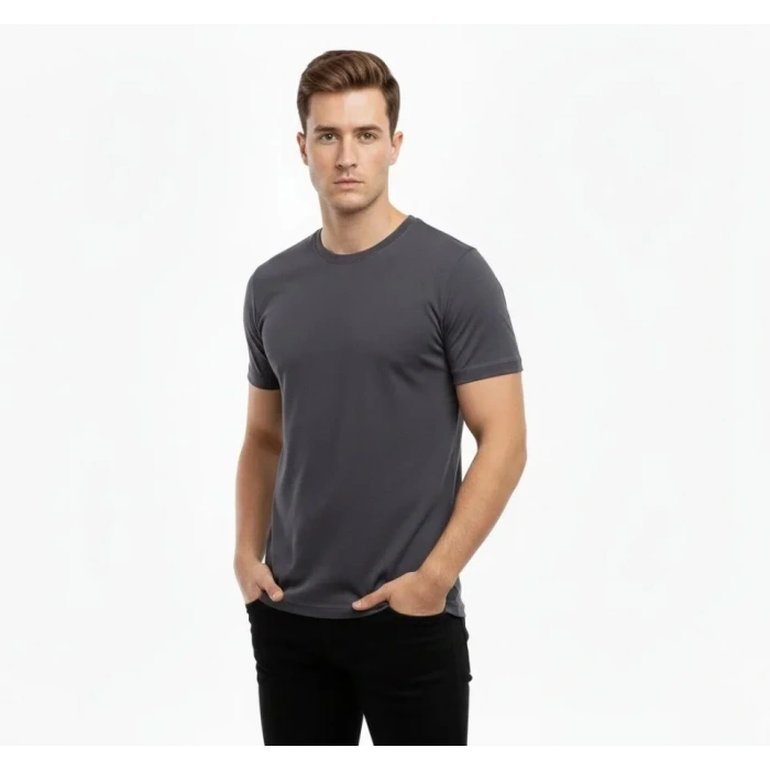 Erkek T-Shirt Bisiklet Yaka Slim Fit Dar Kesim Likralı Tişört Günlük Basic Body - Füme