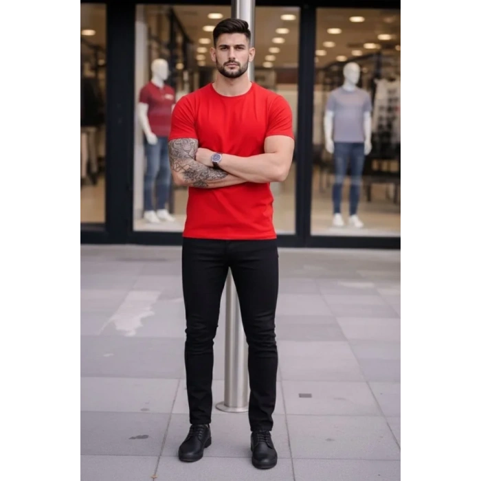 Erkek T-Shirt Bisiklet Yaka Slim Fit Dar Kesim Likralı Tişört Günlük Basic Body - Kırmızı