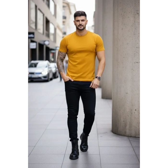 Erkek T-Shirt Bisiklet Yaka Slim Fit Dar Kesim Likralı Tişört Günlük Basic Body - Limon
