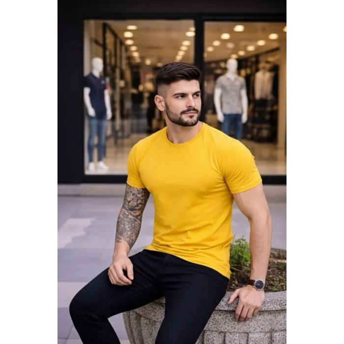 Erkek T-Shirt Bisiklet Yaka Slim Fit Dar Kesim Likralı Tişört Günlük Basic Body - Sarı