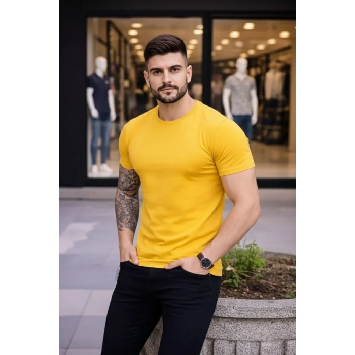 Erkek T-Shirt Bisiklet Yaka Slim Fit Dar Kesim Likralı Tişört Günlük Basic Body - Sarı