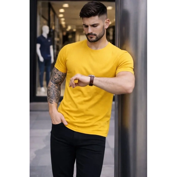 Erkek T-Shirt Bisiklet Yaka Slim Fit Dar Kesim Likralı Tişört Günlük Basic Body - Sarı