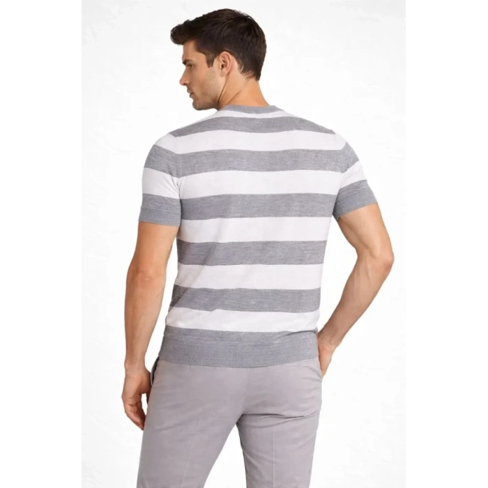 Erkek T-shirt Çizgili Triko Dokuma Bisiklet Yaka Tişört - Gri