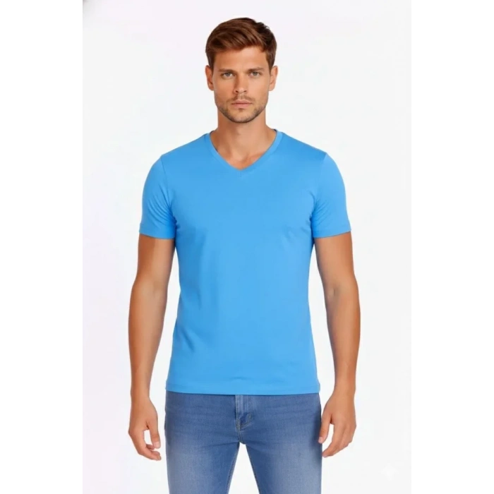 Erkek T-Shirt V Yaka Slim Fit Dar Kesim Likralı Tişört Günlük Basic Body - Açık Mavi
