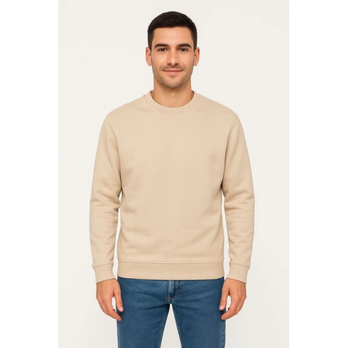 Erkek Üç İplik Düz Bisiklet Yaka SweatShirt - Bej