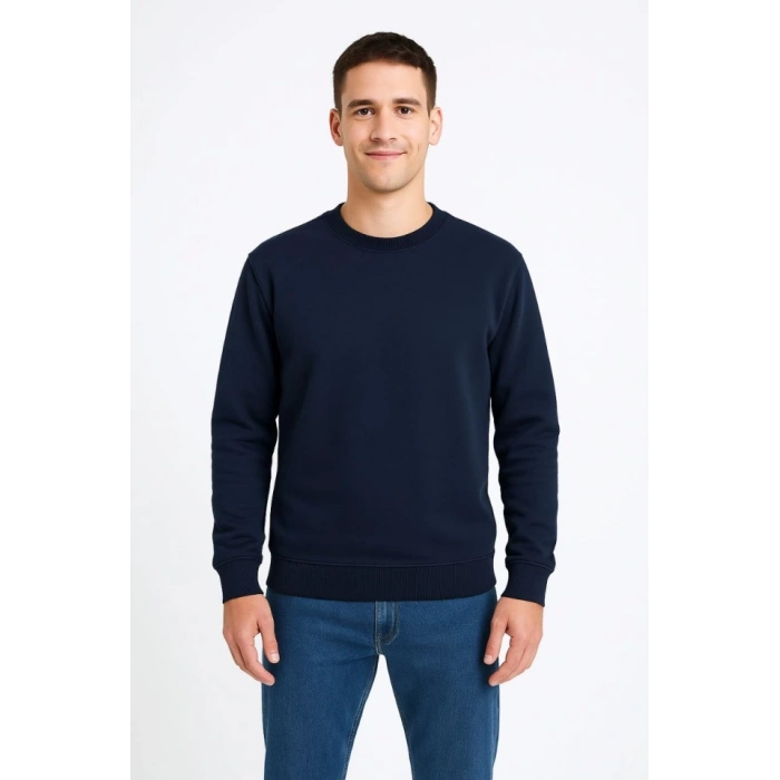 Erkek Üç İplik Düz Bisiklet Yaka SweatShirt - Lacivert