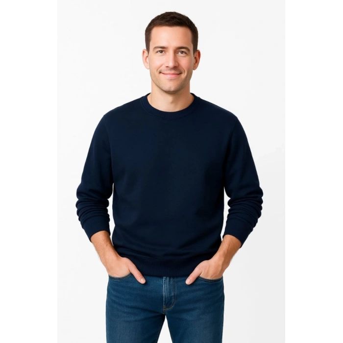 Erkek Üç İplik Düz Bisiklet Yaka SweatShirt - Lacivert