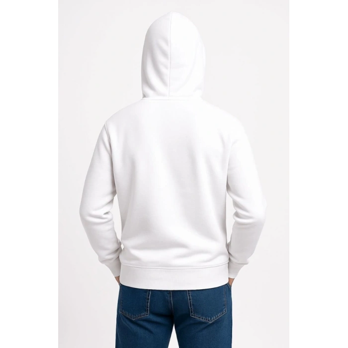 Erkek Üç İplik Kapüşonlu Kanguru Cepli SweatShirt Hoodie - Beyaz