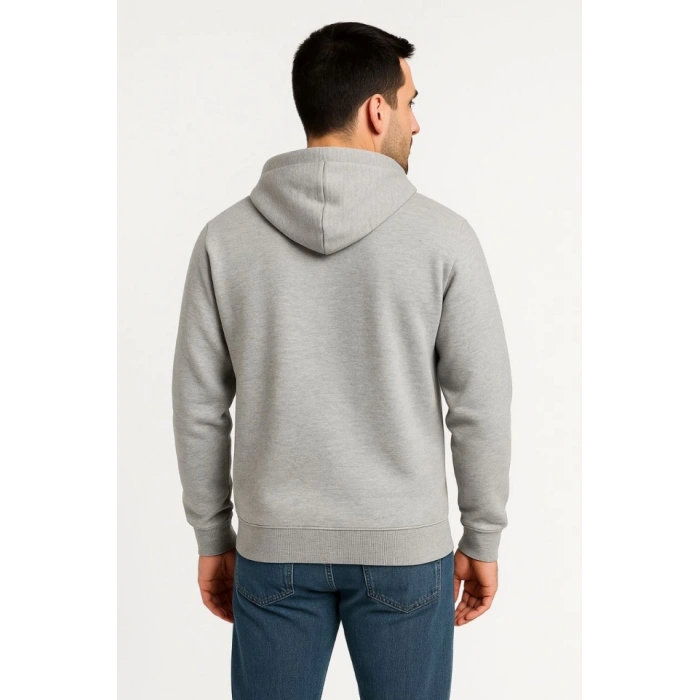 Erkek Üç İplik Kapüşonlu Tam Fermuarlı Kanguru Çepli SweatShirt Hoodie - Gri